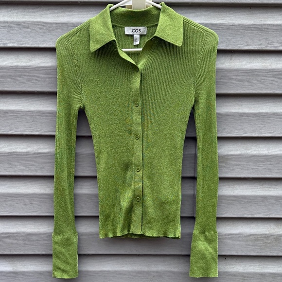 COS Tops - Cos | Green Metallic Ribbed Collar Long Sleeve Shirt size Extra Small
